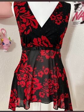SOLD Black & Red Floral V-Neck Women’s Blouse